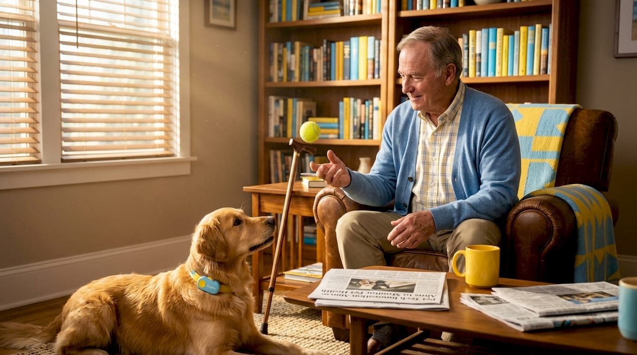 Senior man engaging with service dog in living room