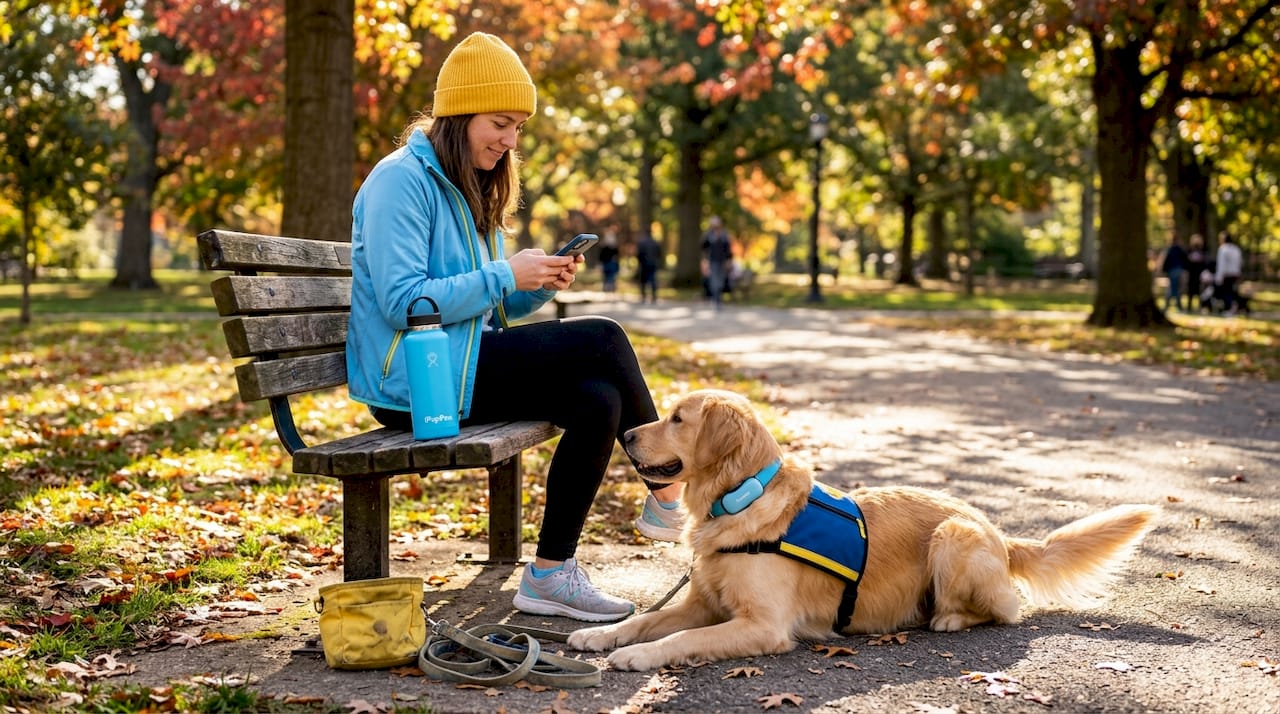 Service dog handler checks digital safety tools in park