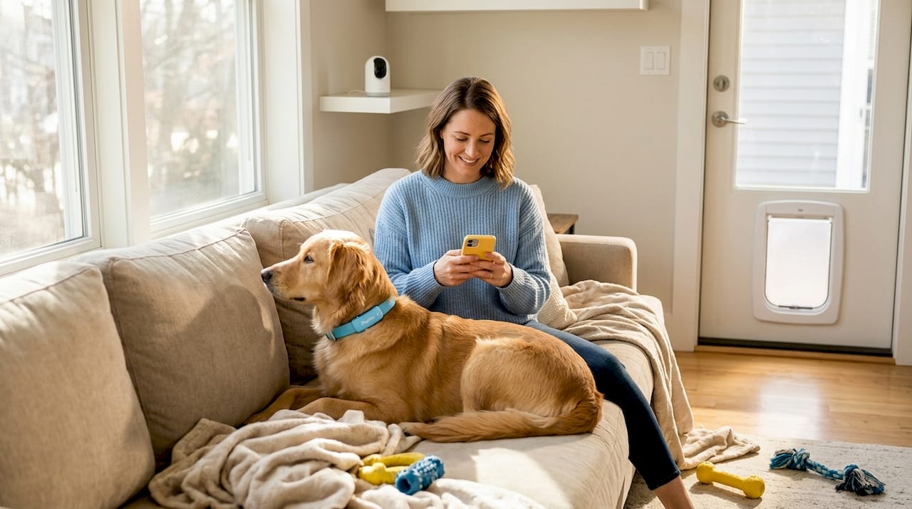 Woman with dog in smart tech living room