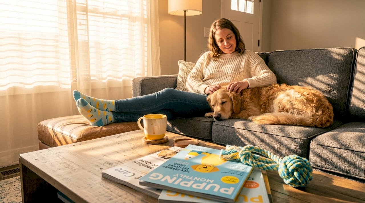 Woman petting dog on living room sofa