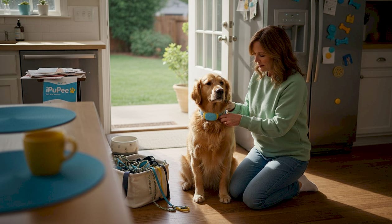 Owner adjusts GPS collar on service dog in kitchen