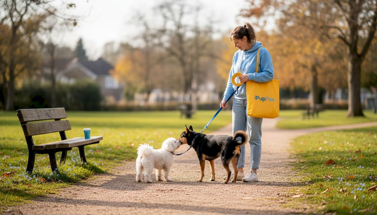Woman observing dog meeting another dog outdoors