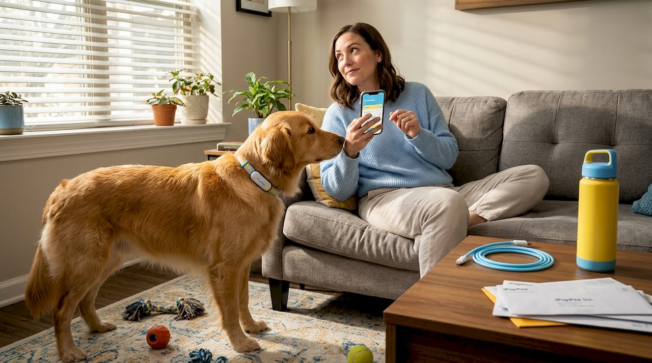 Woman and dog with smart collar at home