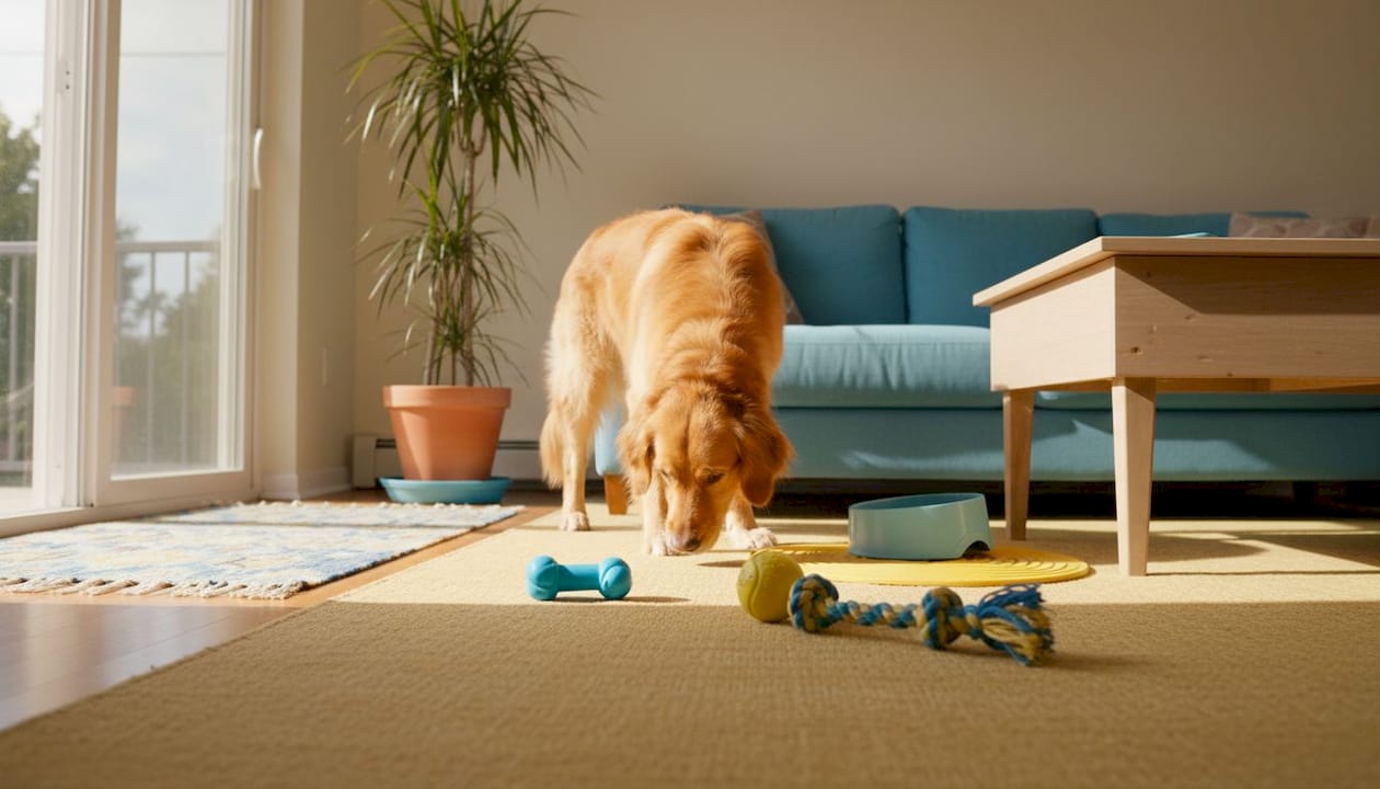Dog exploring living room at dog’s eye level