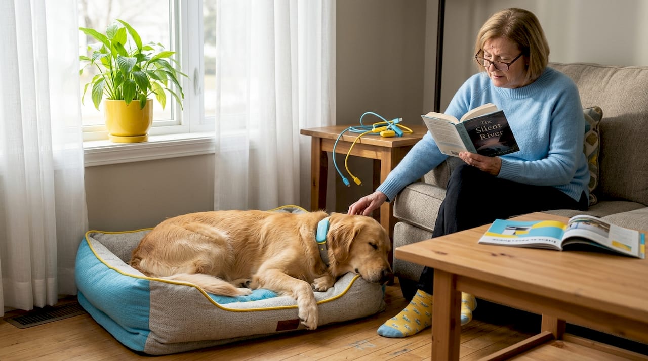 Dog with smart collar resting in sunny living room