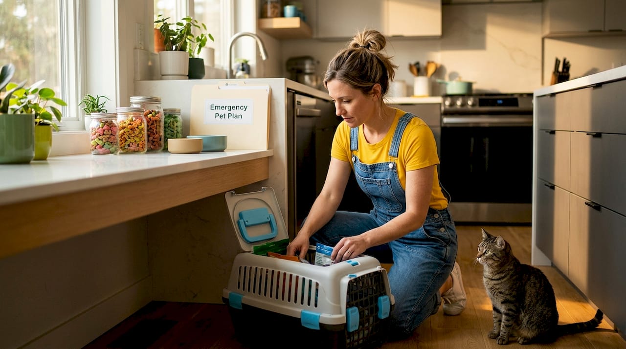 Preparing pet emergency kit in hallway