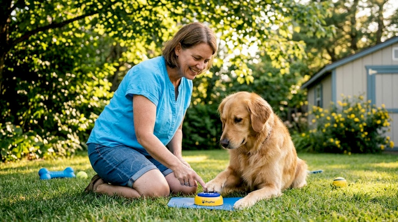 Dog and owner practicing soundboard training at home