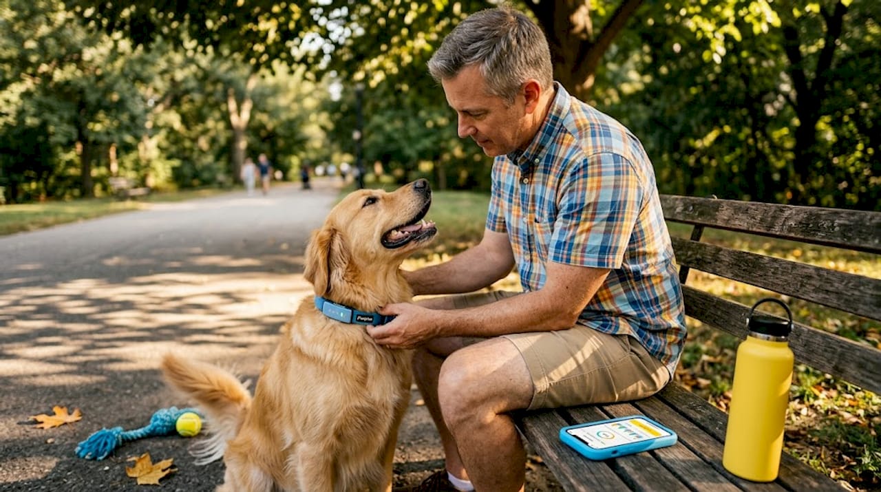 Dog owner adjusts smart collar in park