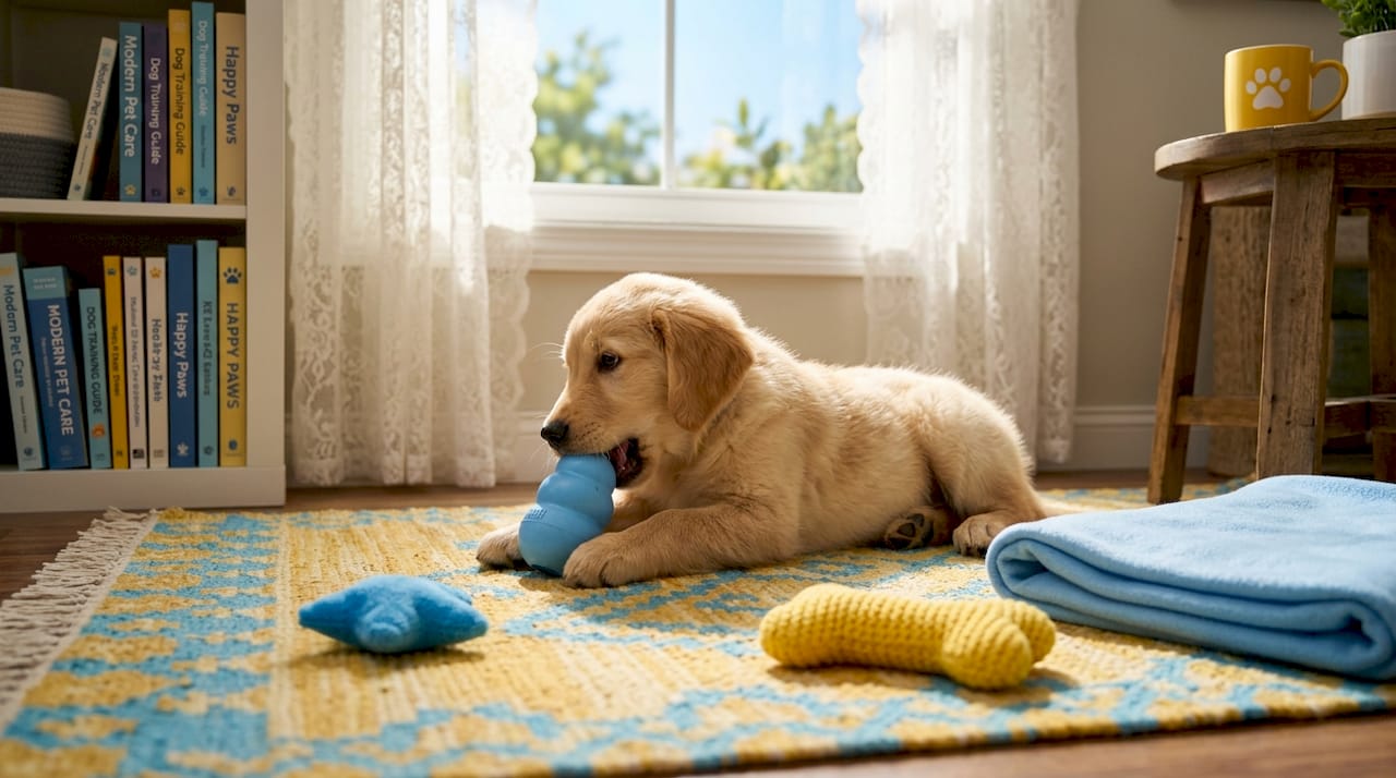 Dog relaxing alone with chew toy in living room
