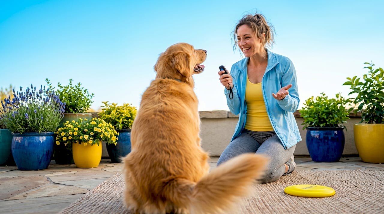 Woman training dog with clicker and praise at home