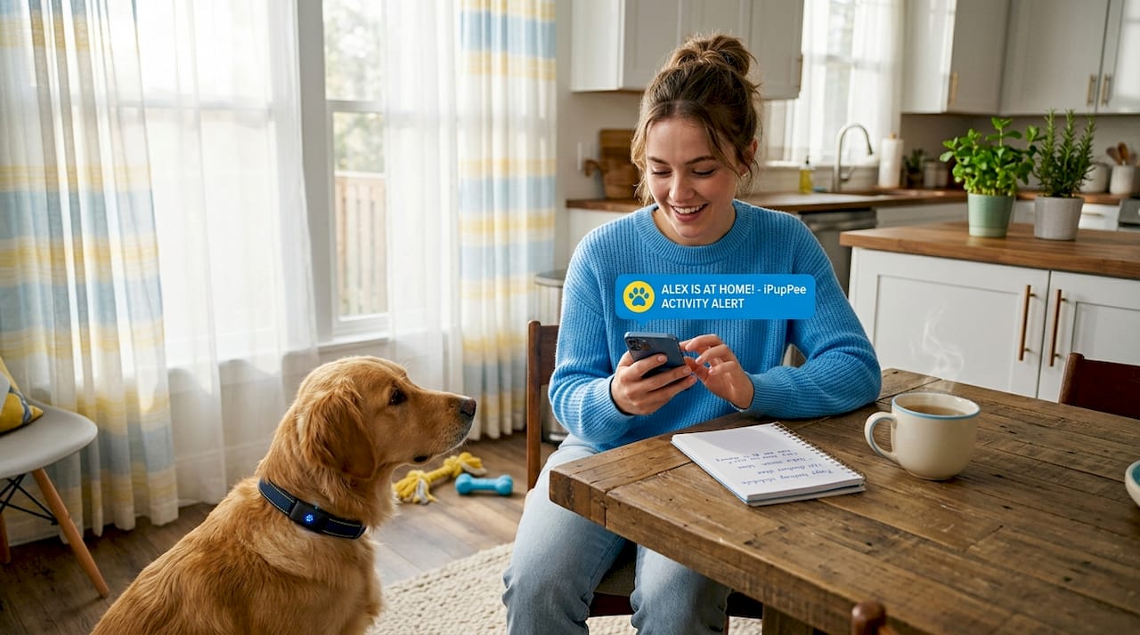 Service dog owner checks smart pet alert