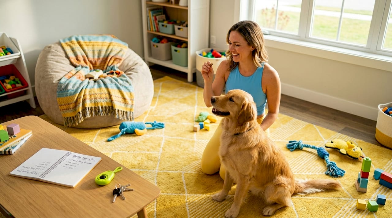 Woman training golden retriever at home