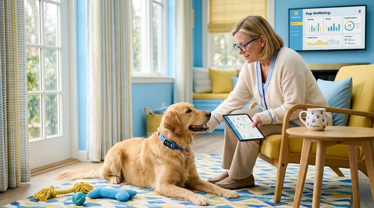 Woman and dog using smart collar technology