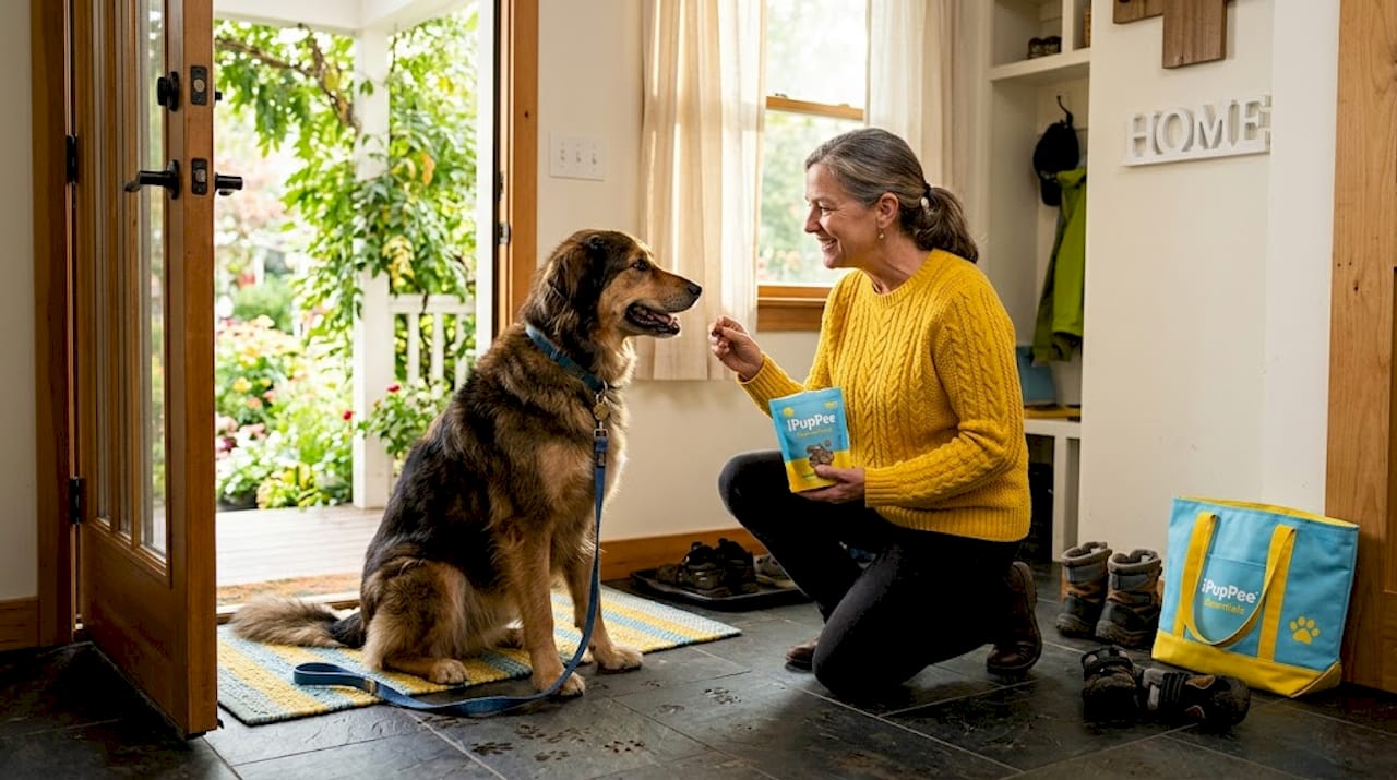 Owner rewarding dog for sitting calmly in entryway