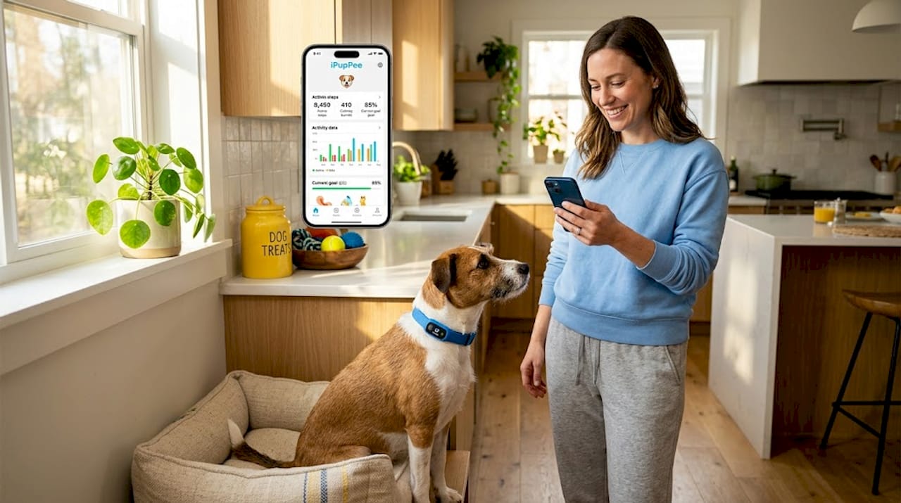 Woman checking smart collar app with her dog