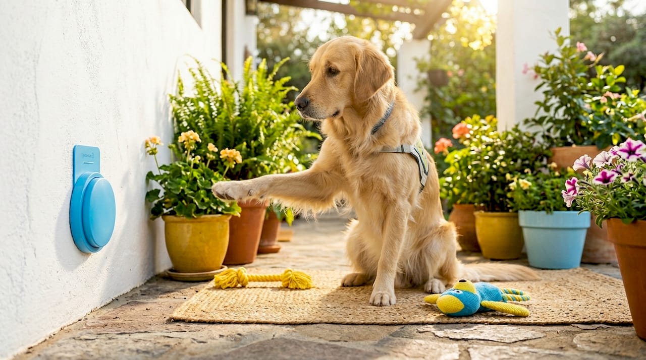 Service dog pressing alert button in kitchen