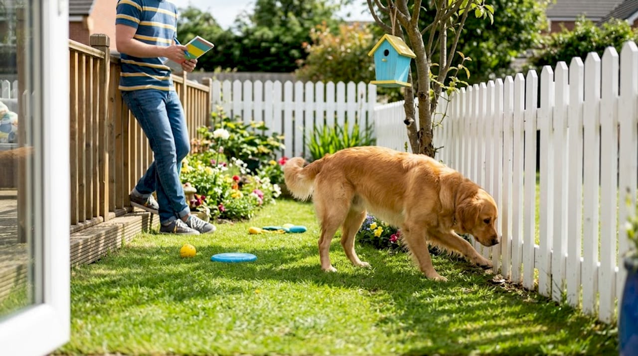 Dog investigating backyard fence while owner observes