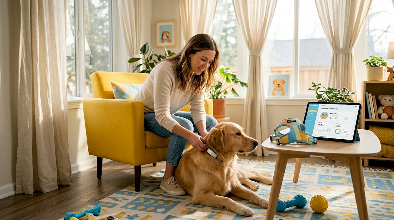 Dog owner fitting tech collar in living room