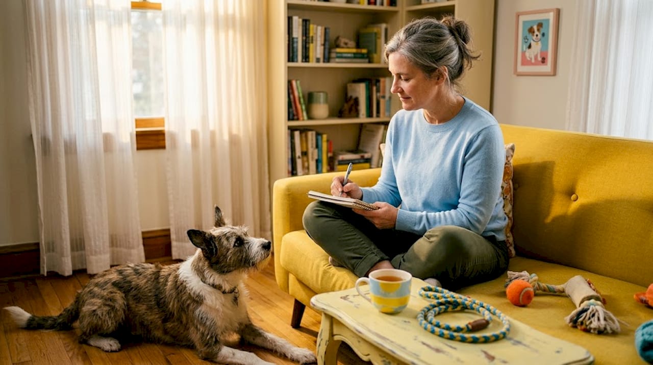 Woman noting rescue dog's alert behavior at home