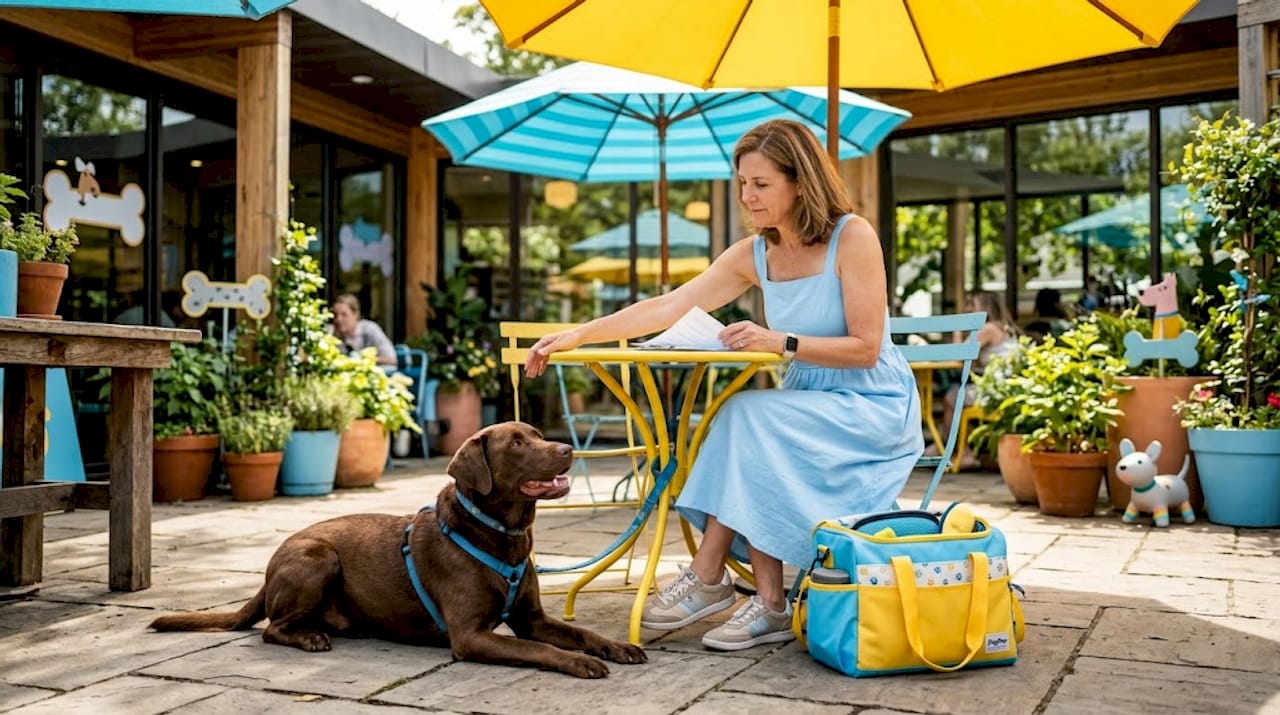 Dog owner and dog at veterinary clinic