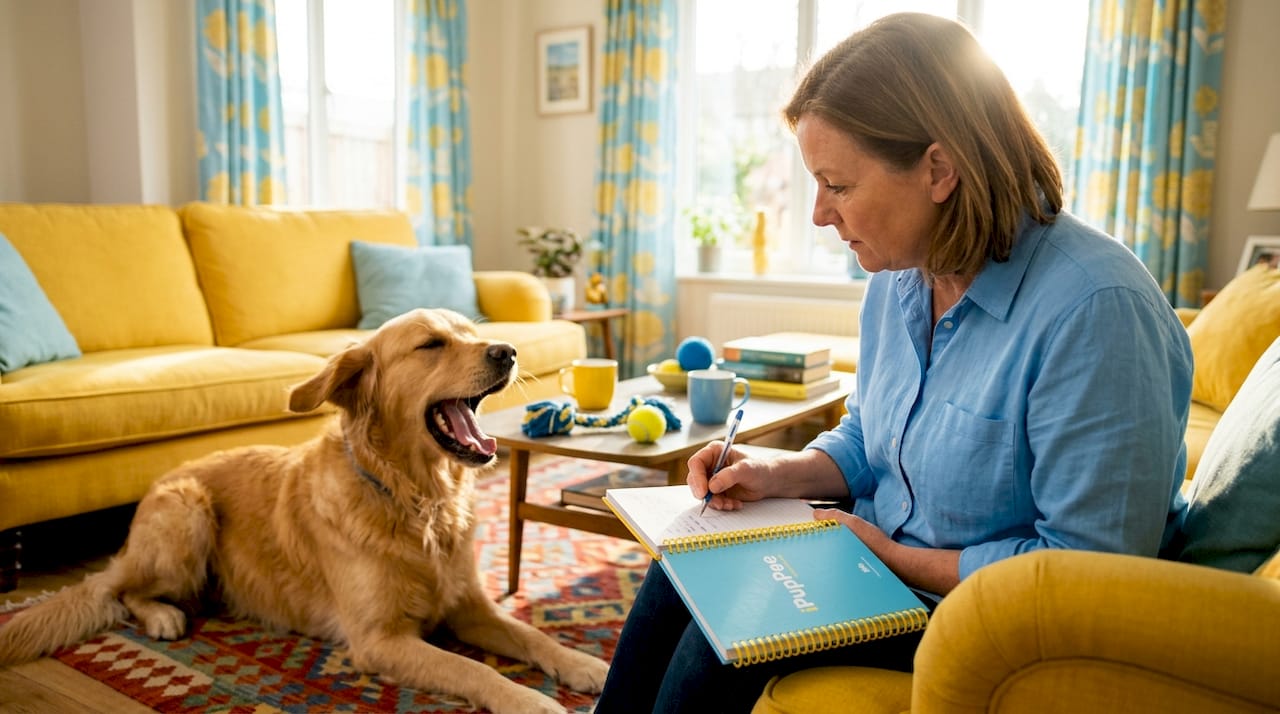Owner watching golden retriever body signals