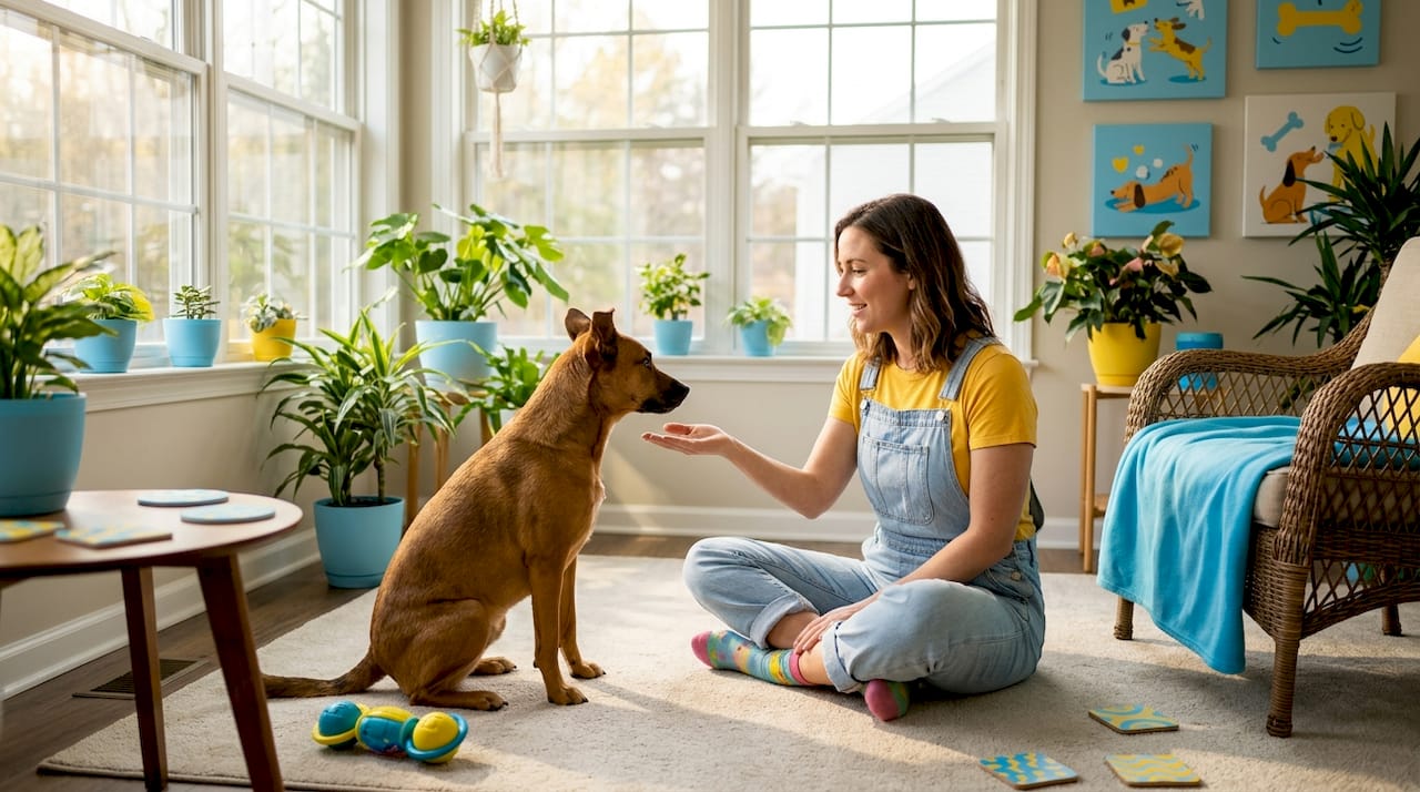 Owner and dog communicating naturally in living room