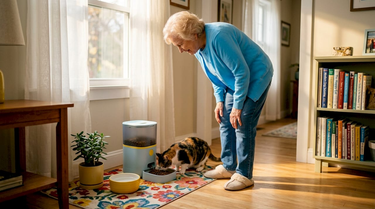 Senior woman with smart pet feeder in kitchen