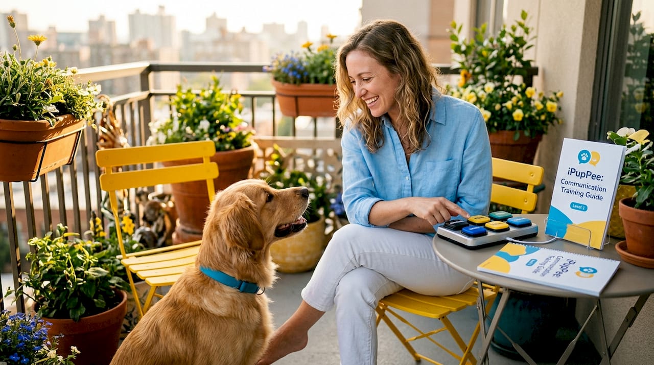 Woman using communication buttons with dog
