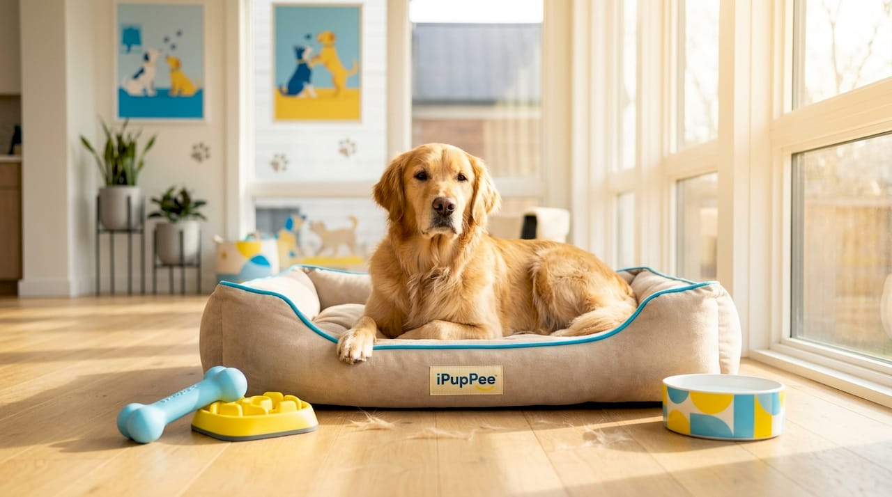 Golden retriever resting calmly alone indoors