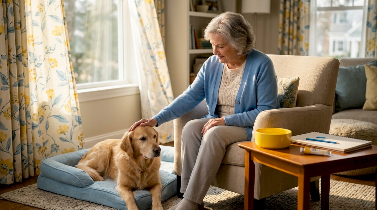 Elderly woman calmly petting dog indoors