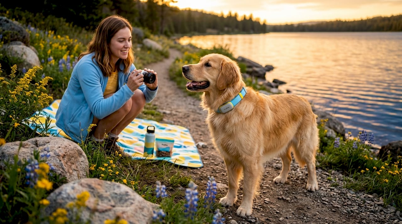 Golden retriever with GPS smart collar in park