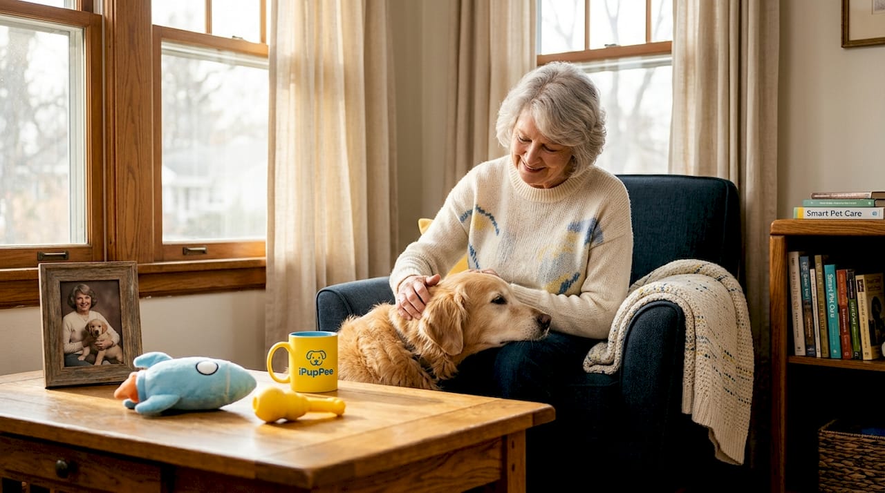 Elderly woman with senior dog in cozy living room