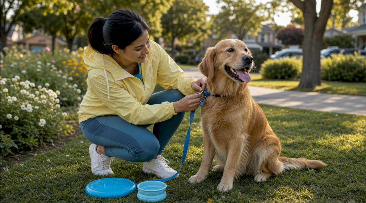 Pet owner attaching leash to dog outdoors