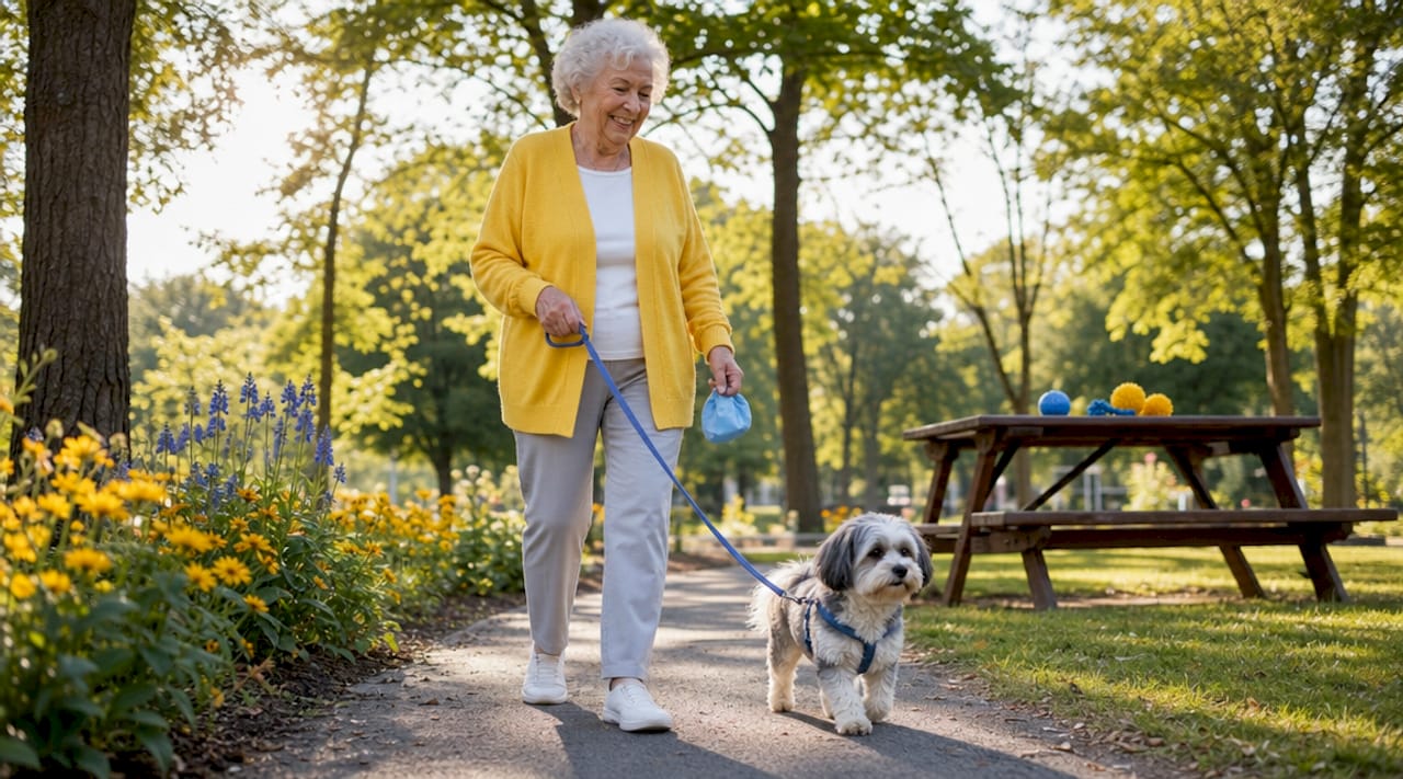 Senior woman walking small dog on leash outdoors