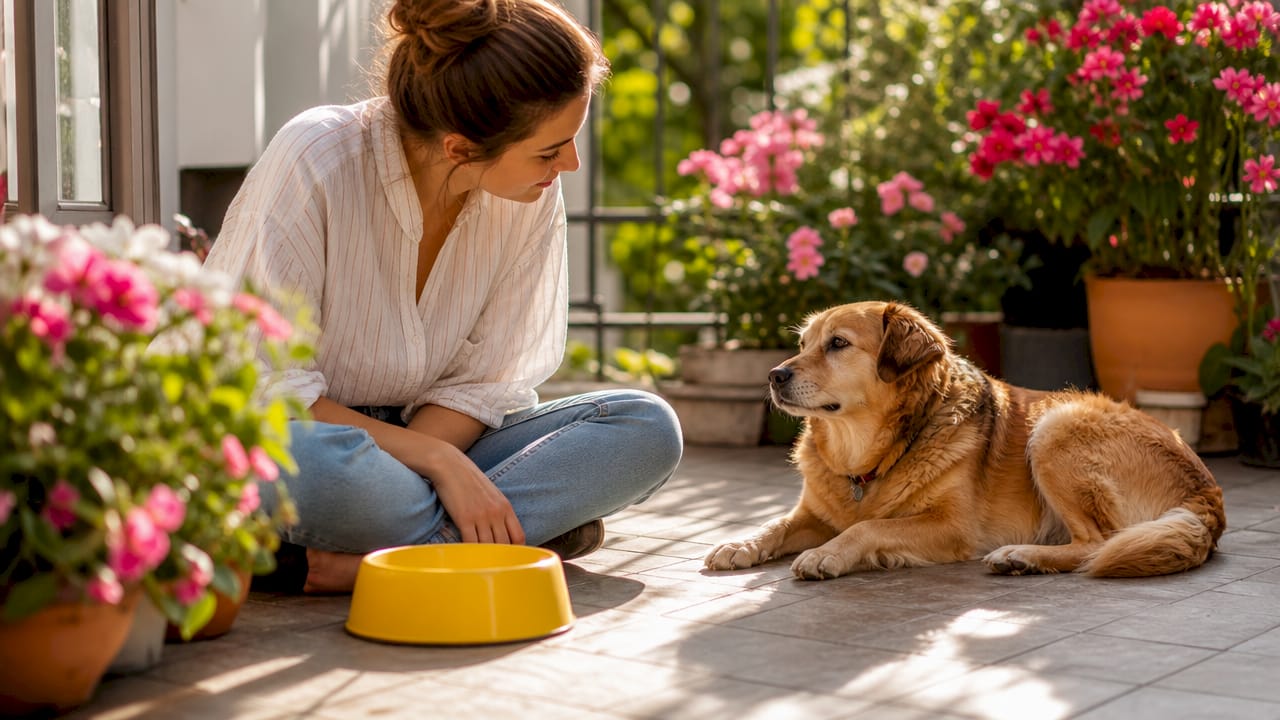 Owner watching dog’s body language attentively