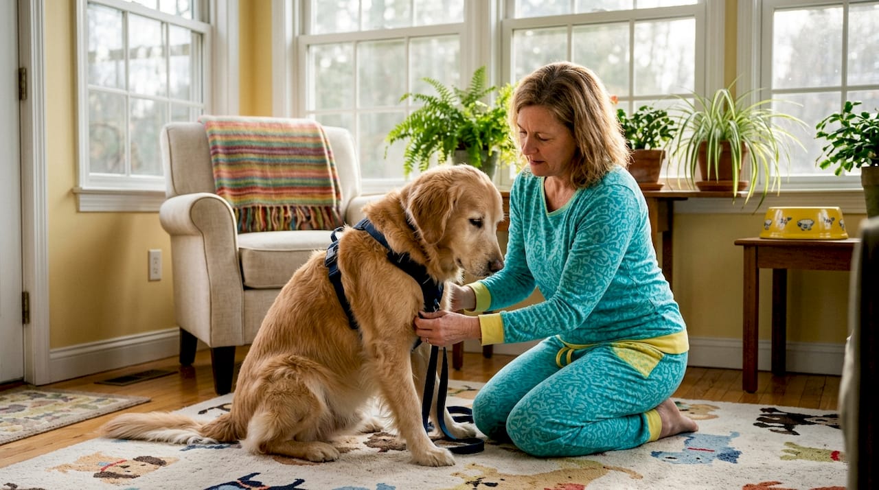 Caregiver fitting mobility harness on elderly dog