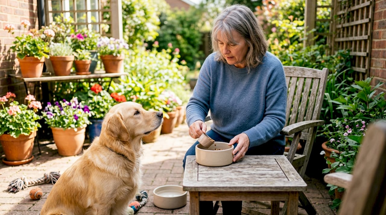 Owner feeding personalized meal to golden retriever
