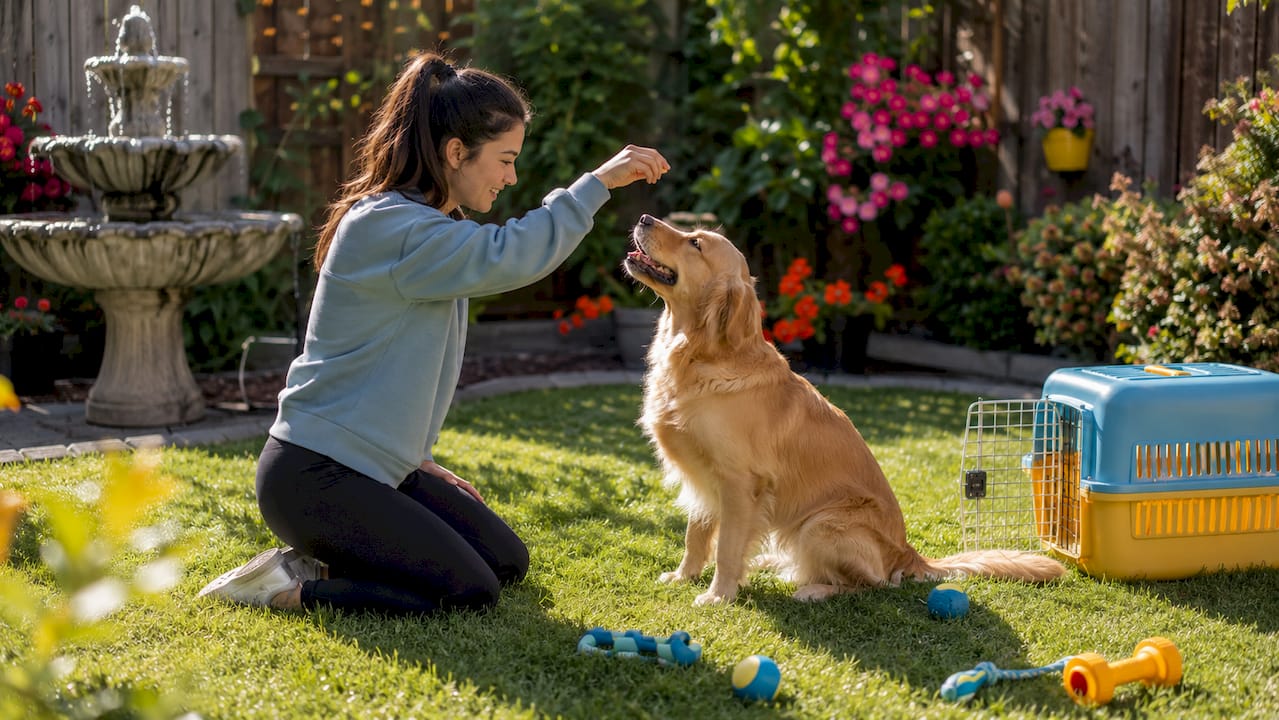 Woman training dog in bright living room