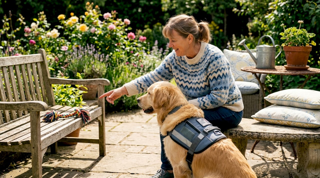 Woman with assistance dog performing daily care task