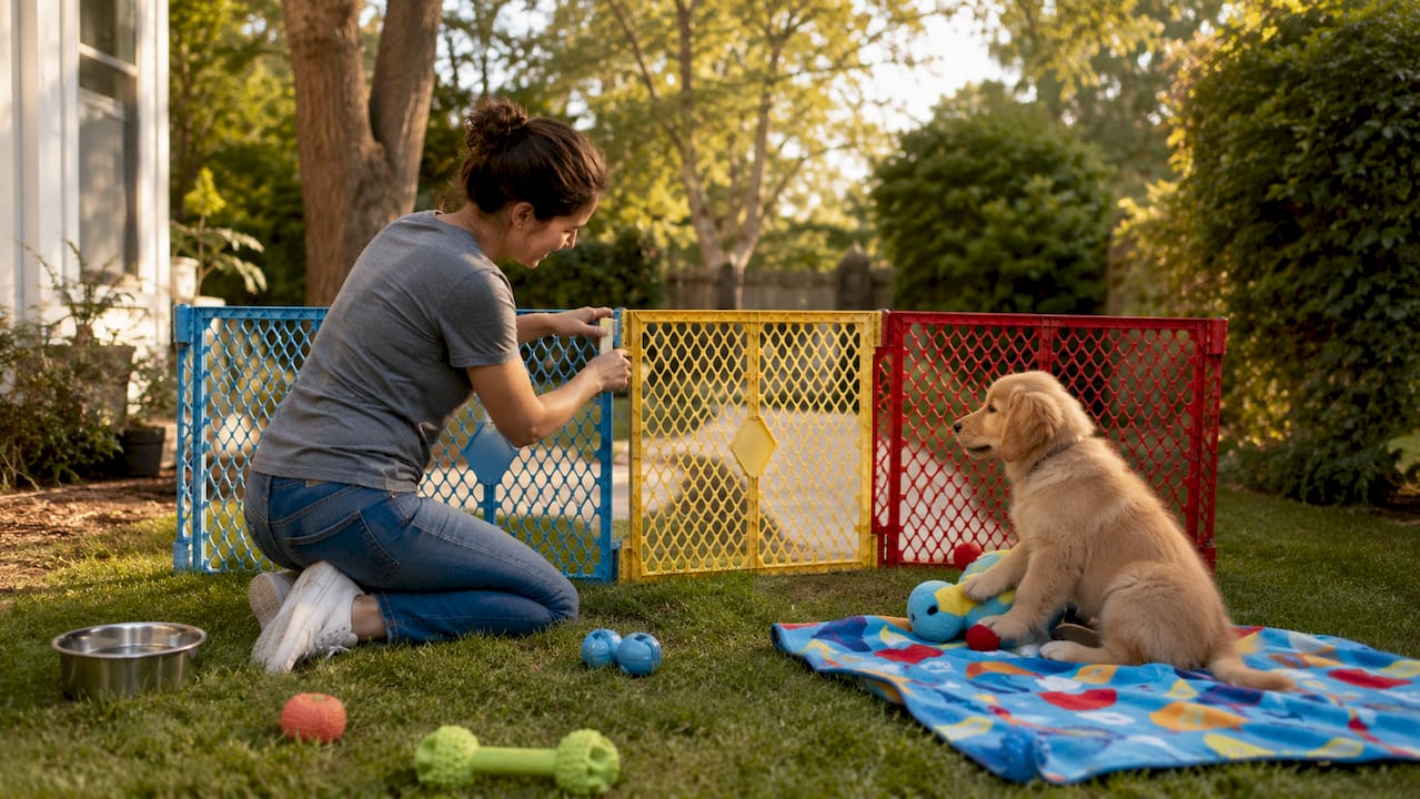 Woman installing baby gate for dog safety