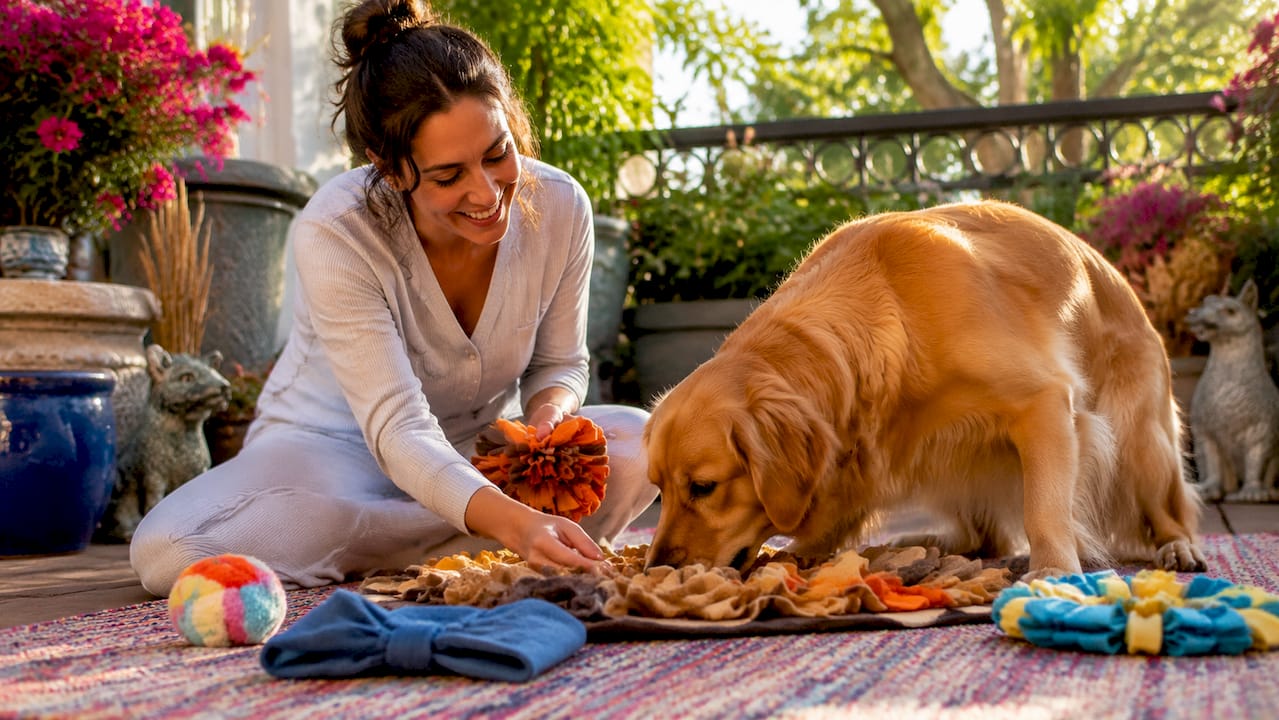 Woman engaging dog with sensory toys at home
