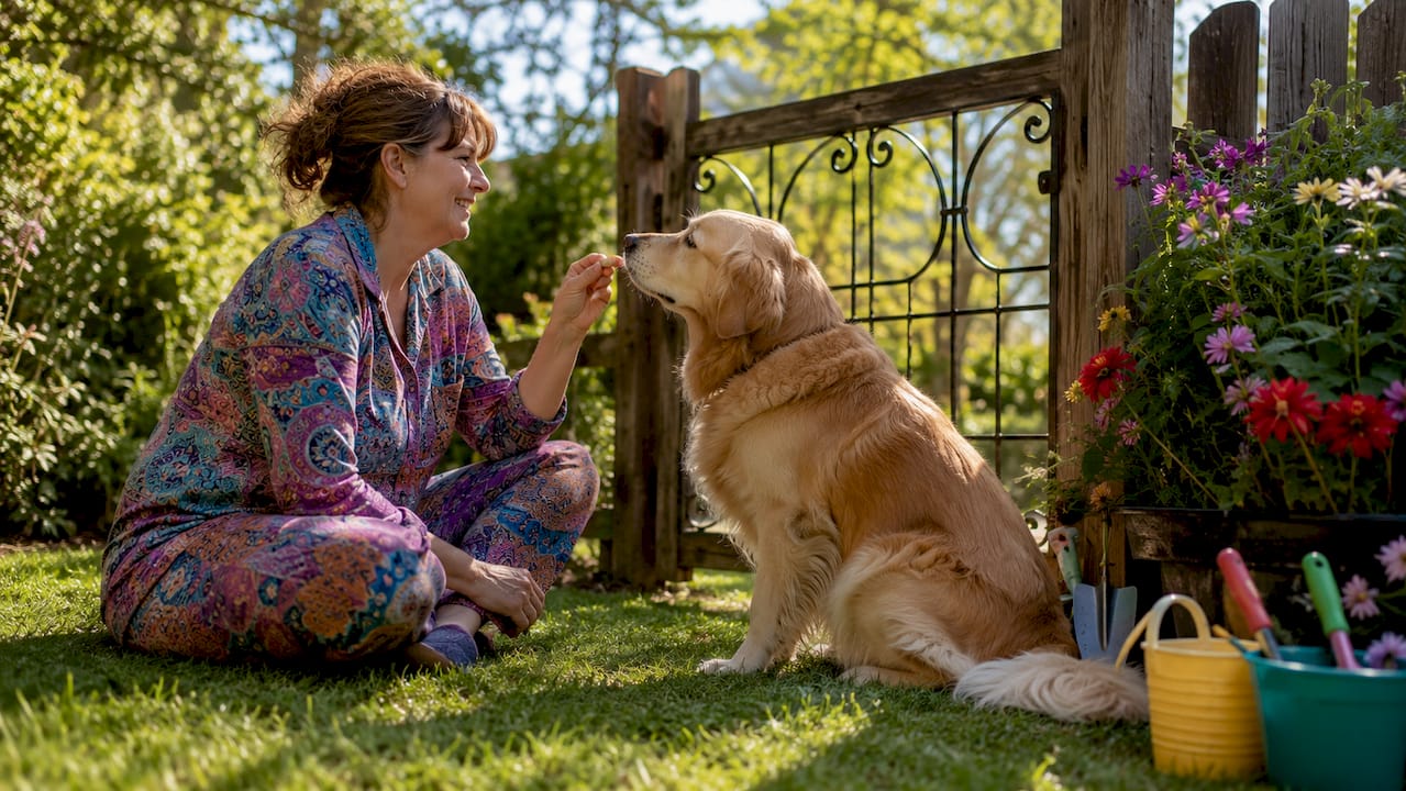 Owner training dog to wait patiently at door