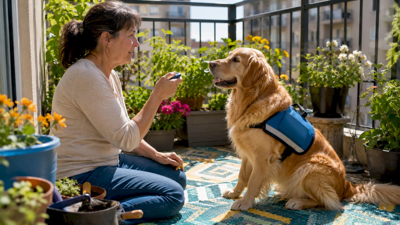 Caregiver training alert dog indoors