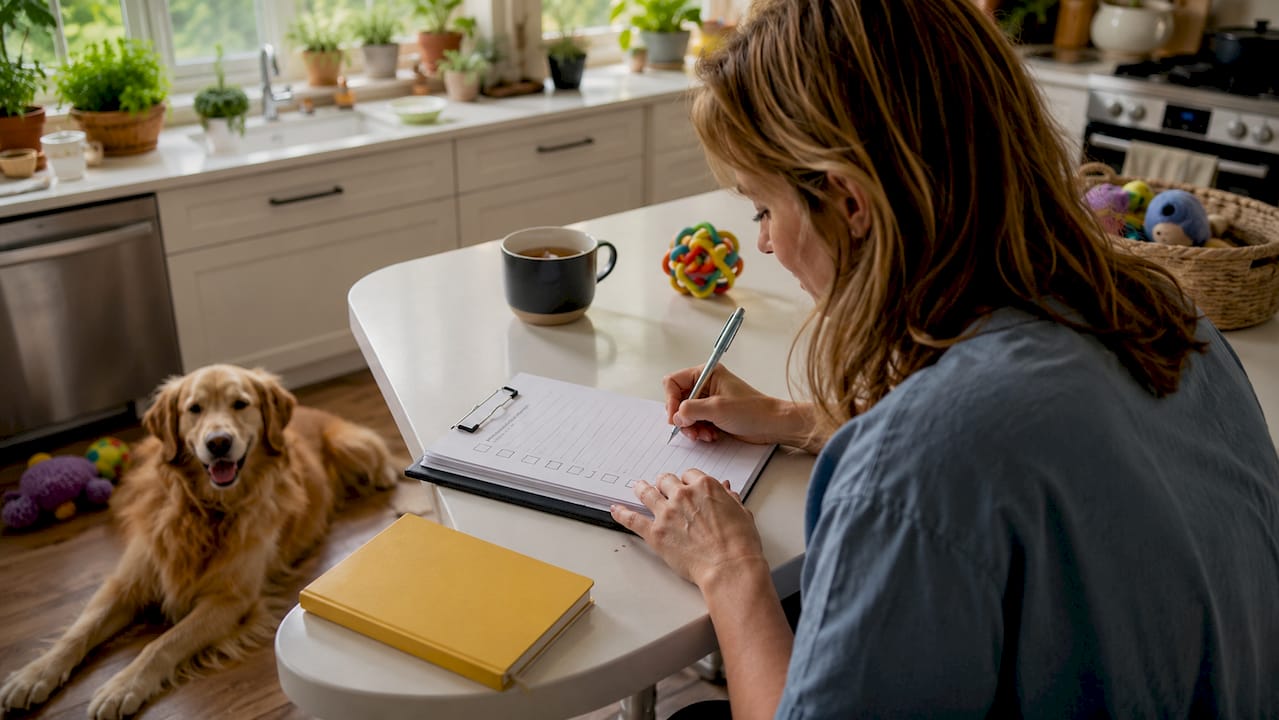 Woman completing dog rehoming checklist at table