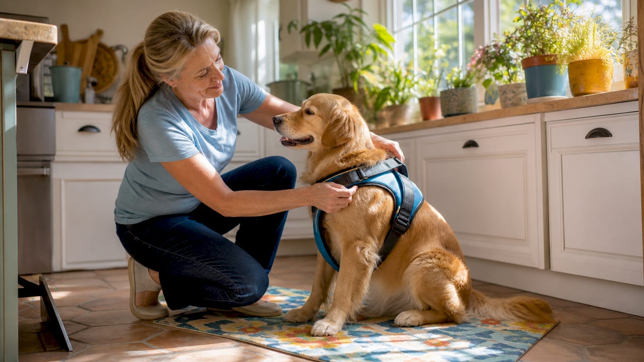 Woman fitting harness on golden retriever indoors