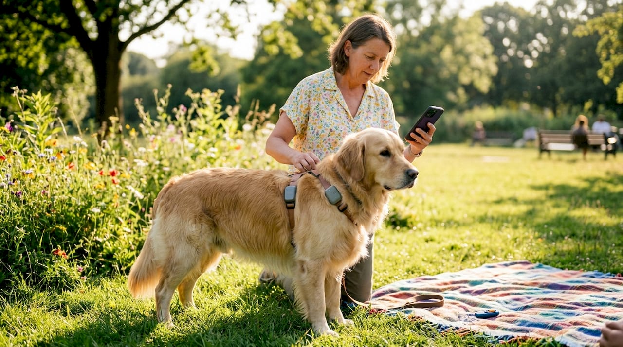Trainer adjusting smart dog harness outdoors