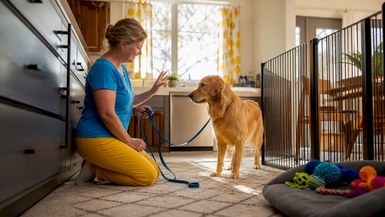 Woman training dog boundaries indoors