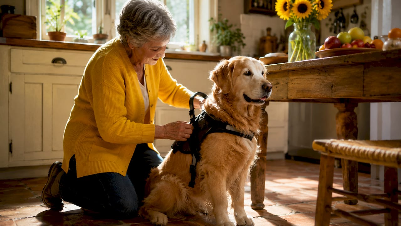 Senior woman fitting service dog harness indoors