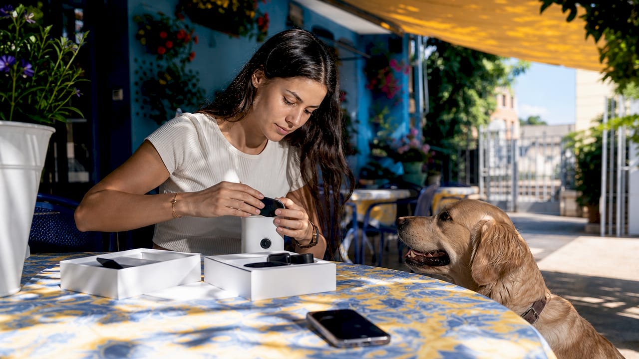Woman setting up smart dog collar with attentive dog