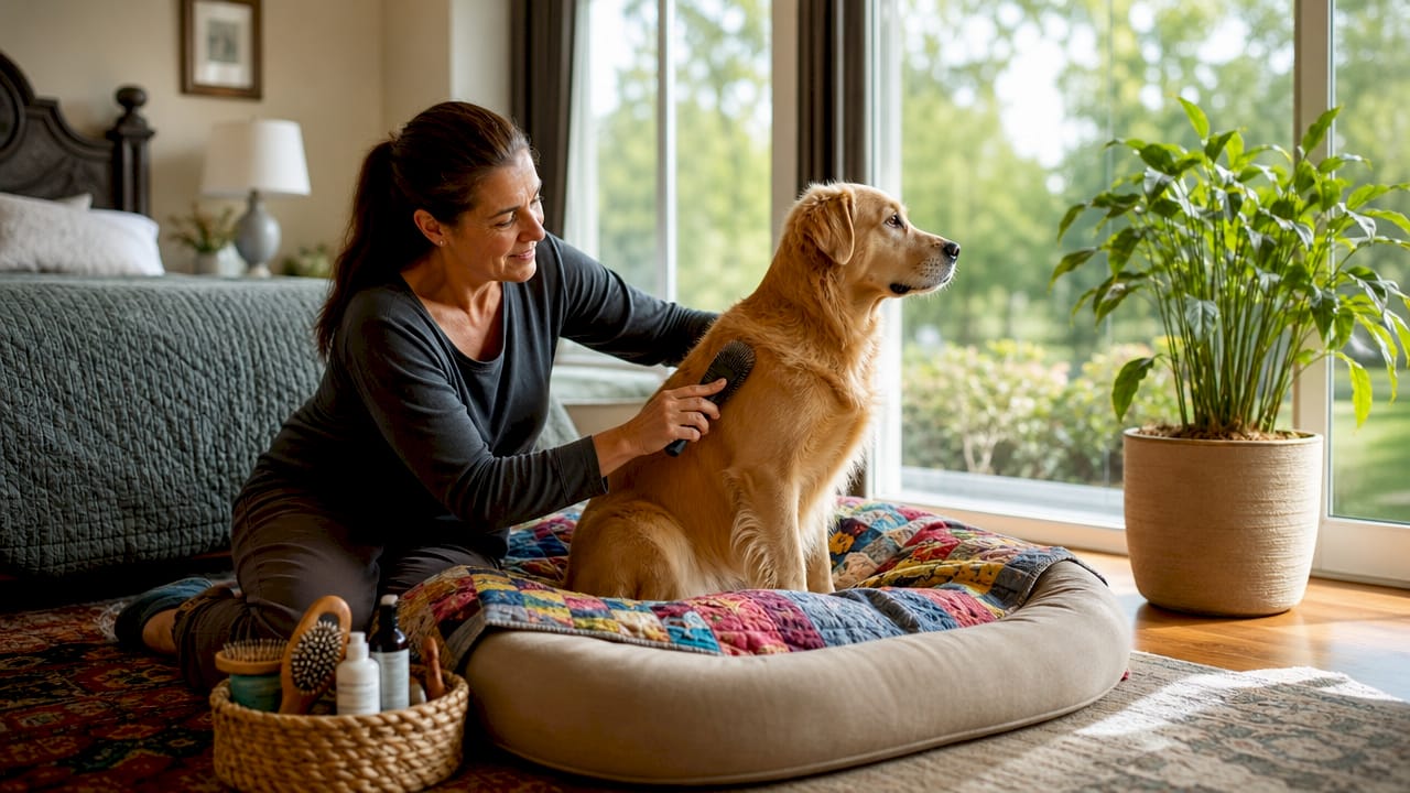 Woman brushing golden retriever’s coat indoors